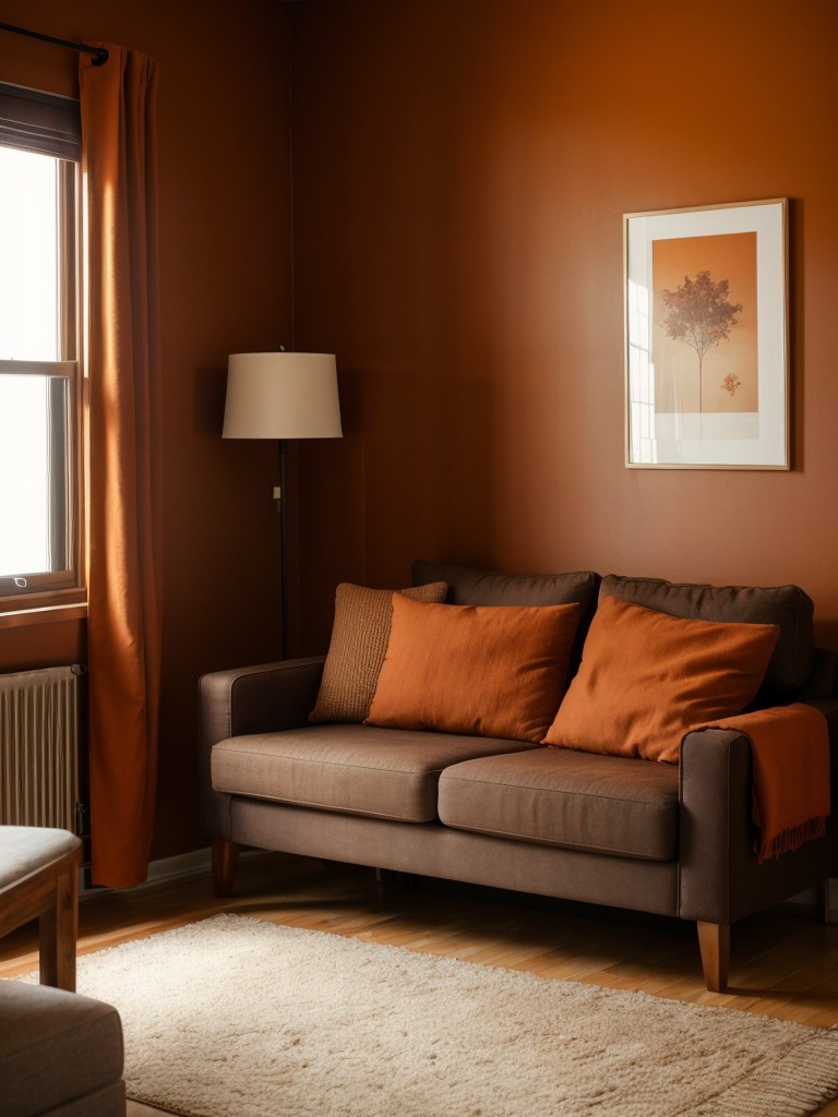 Cozy and warm small apartment with earthy tones like burnt orange, deep reds, and warm browns for a snug and inviting atmosphere.