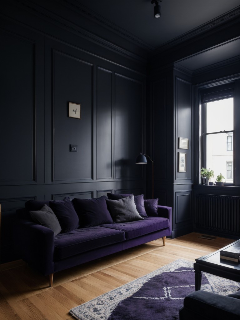 Dark and moody small apartment with deep, dramatic colors like navy blue, eggplant purple, and black for a cozy and intimate atmosphere.