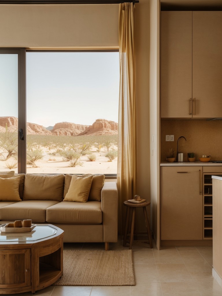 Desert-inspired small apartment with earthy tones like terracotta, warm sand, and dusty yellows to evoke a desert oasis feel.