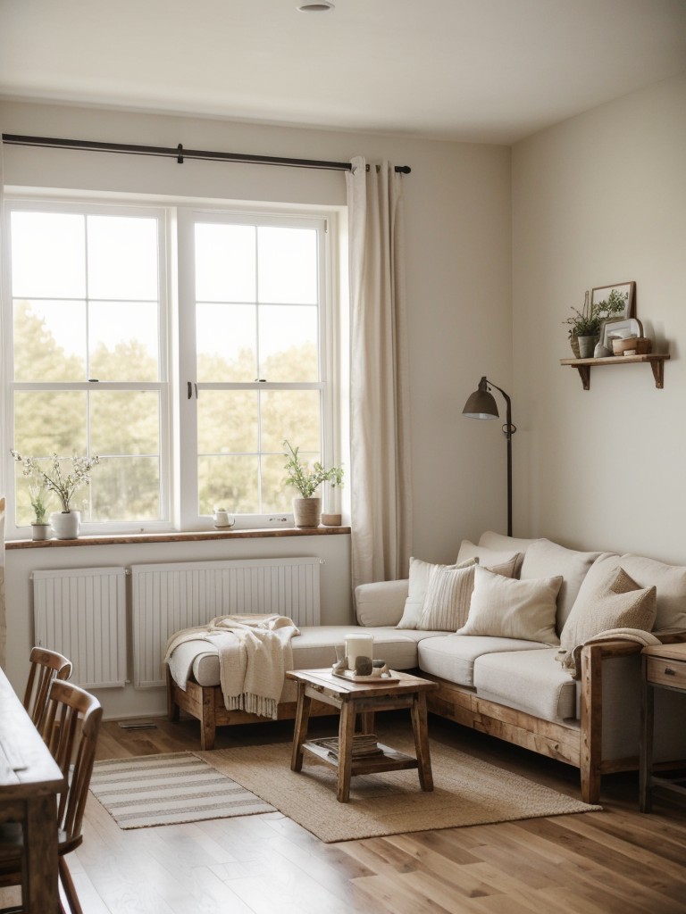 Farmhouse-inspired small apartment with warm and rustic colors like creamy whites, soft grays, and natural wood tones to create a cozy and charming ambience.