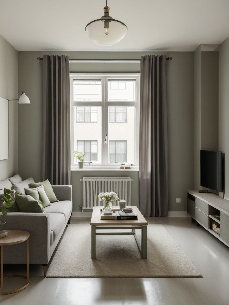 Gender-neutral small apartment with a versatile color scheme using shades of grey, beige, and green for a modern and universally appealing look.