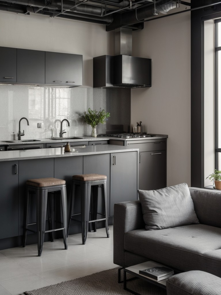 Industrial-inspired small apartment with a mix of cool tones like steel gray, charcoal black, and touches of metallic accents for a trendy and contemporary feel.