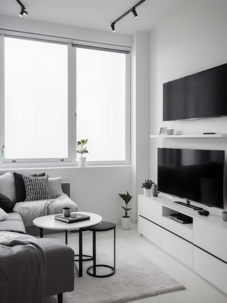 Minimalist and modern small apartment with a monochromatic color scheme using shades of white, black, and grey to create a sleek and chic look.