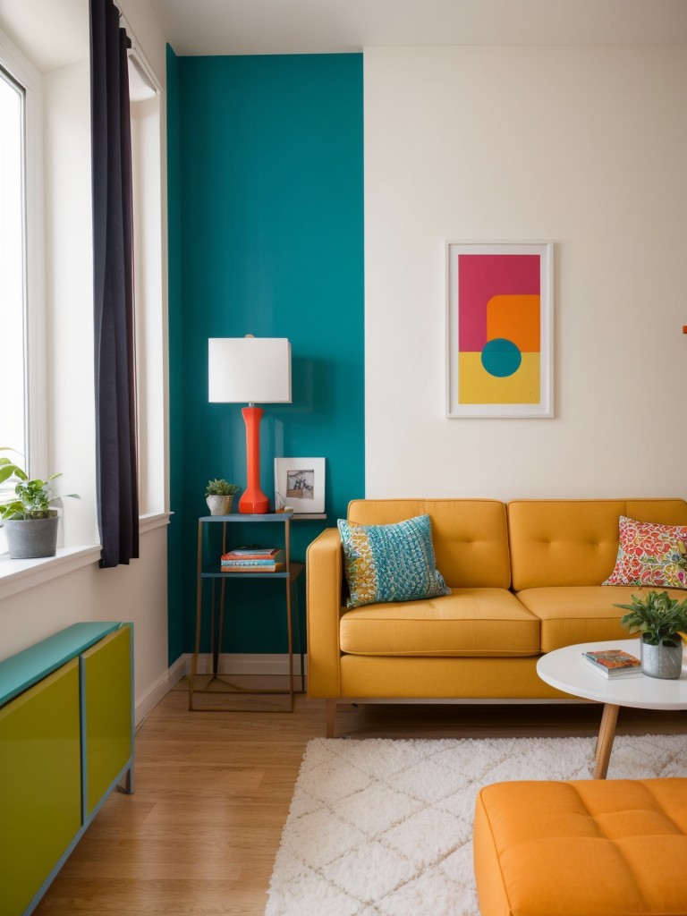 Playful and vibrant small apartment with bold accent wall colors to add personality and character to the space.