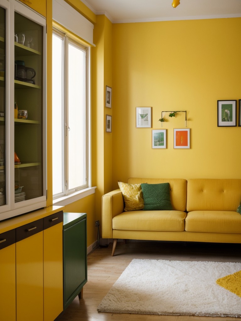 Retro-inspired small apartment with bold pops of vintage colors like mustard yellow, retro green, and bright orange to create a nostalgic and eclectic atmosphere.