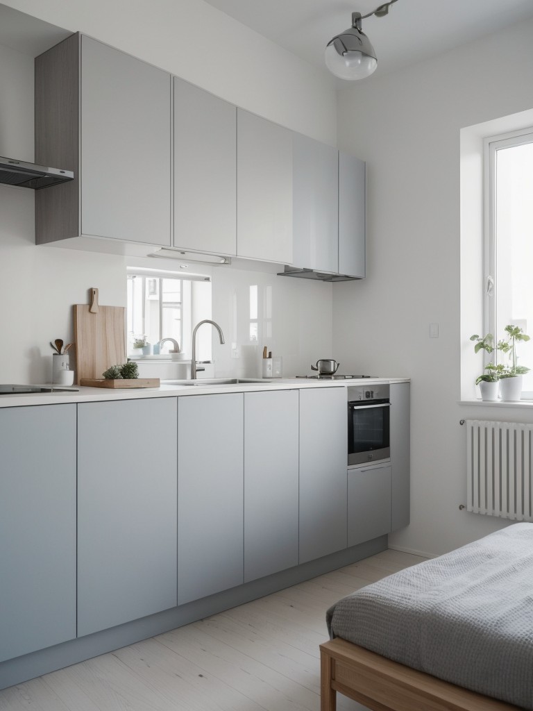 Scandinavian-inspired small apartment with a clean and minimalistic color scheme using shades of white, light woods, and touches of pale blue or gray for a fresh and airy feel.