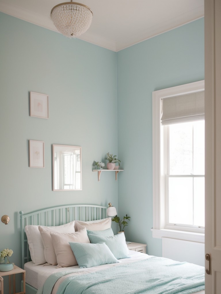 Serene and calming small apartment with light pastel hues like baby blue, soft pink, and mint green to create a peaceful oasis.