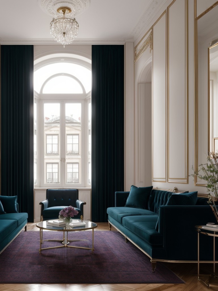 Sophisticated and elegant small apartment with rich jewel tones like emerald green, deep sapphire blue, and luxurious burgundy for a touch of glamour.