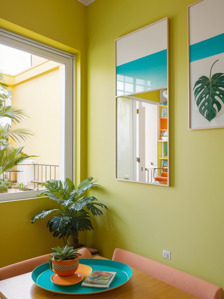 Tropical-inspired small apartment with bold and tropical colors like bright coral, vibrant teal, and sunny yellow for a cheerful and vacation-like atmosphere.