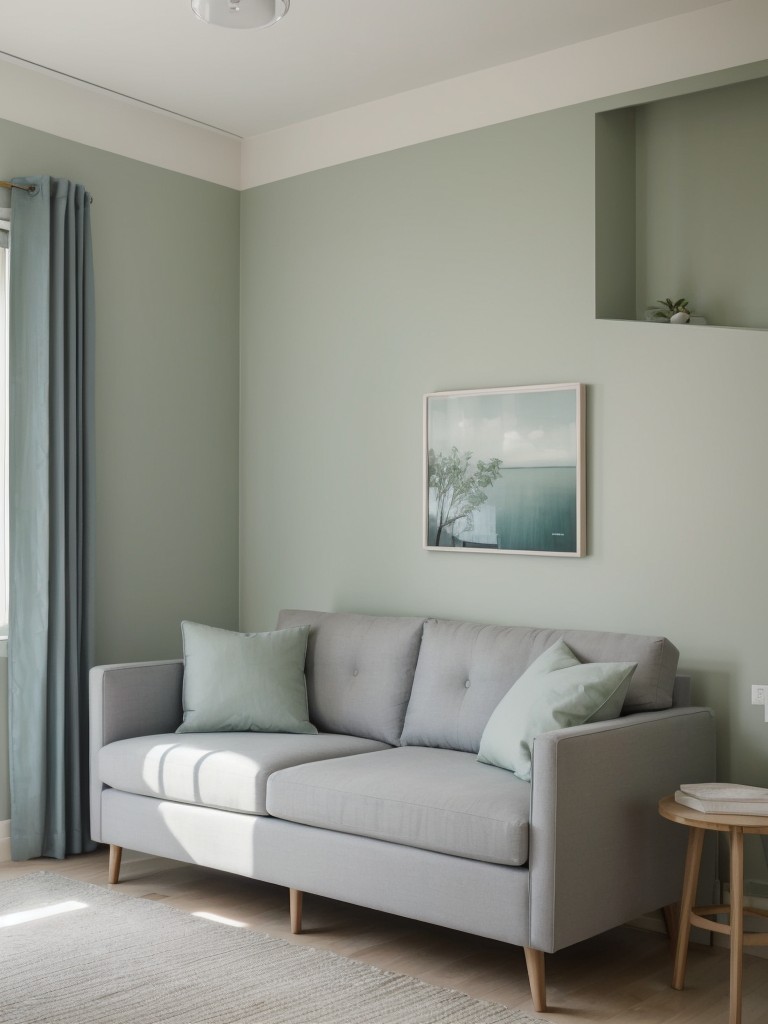 Zen-inspired small apartment with a calming and balanced color palette using shades of soft green, muted blues, and pale lavender for a tranquil and serene ambiance.