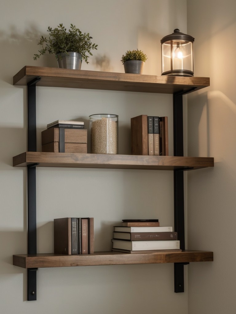 Consider using floating shelves with integrated lighting to create a cozy and ambient atmosphere in your small apartment.