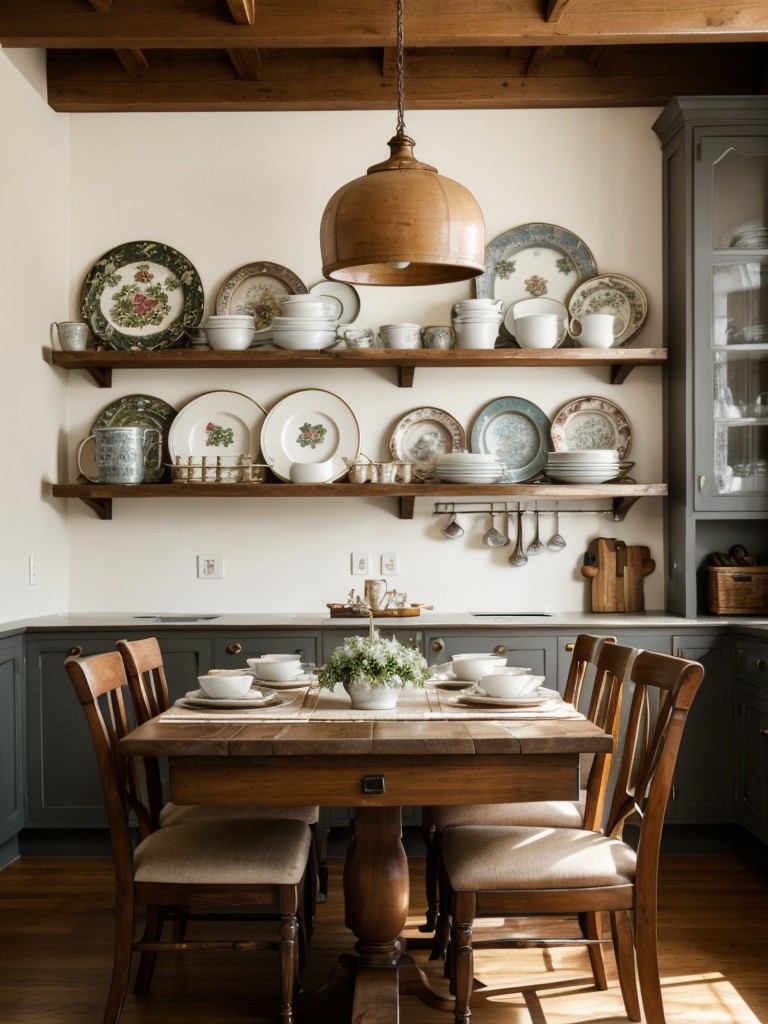 Display a collection of vintage plates or decorative plates on your kitchen or dining room wall to add charm and a personalized touch.