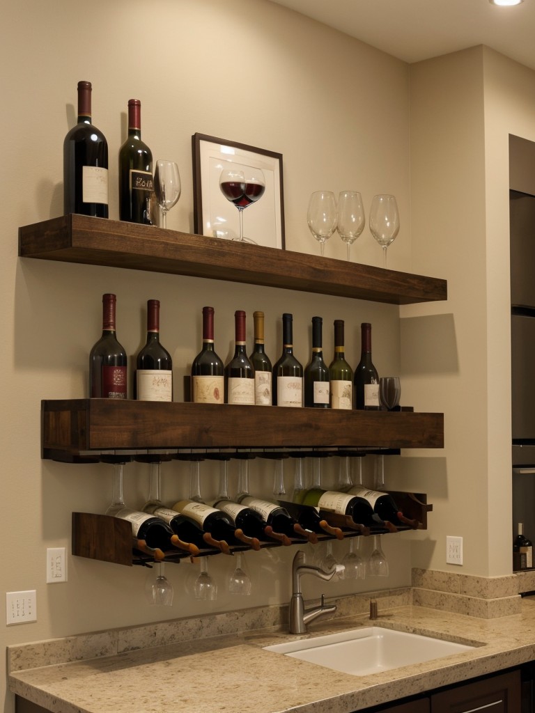 Hang a floating wine rack on a wall to showcase your wine collection and prevent clutter on countertops or tables.