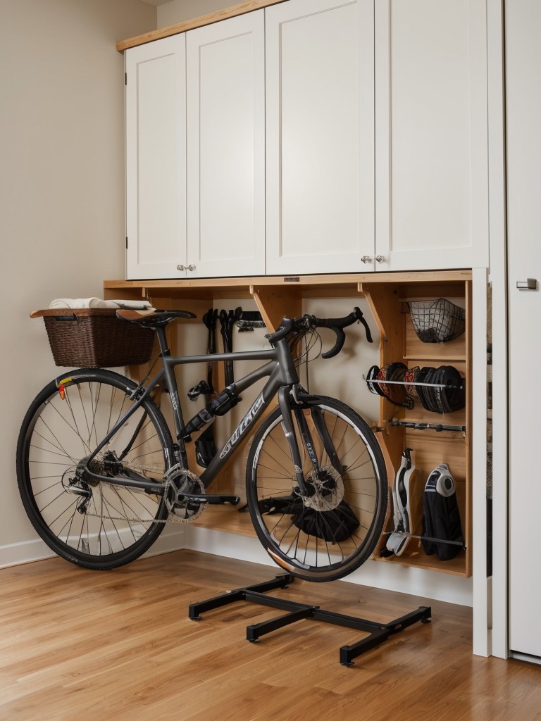Incorporate a wall-mounted bike rack or storage solution to keep your bicycle safely stored and easily accessible in your small apartment.