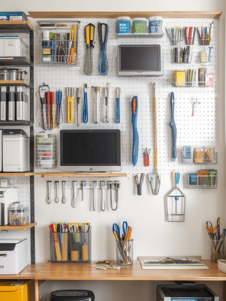 Install a pegboard wall in your home office or crafting area for a customizable and convenient storage solution for tools, supplies, and accessories.