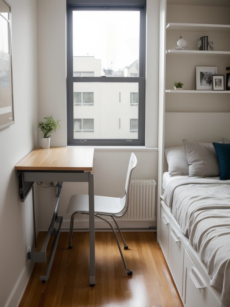 Install a wall-mounted folding desk or murphy bed to optimize your small apartment's functionality without sacrificing style or precious square footage.