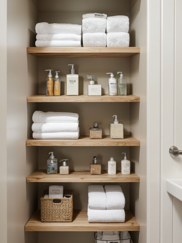Install wall-mounted shelves or cubes in your bathroom to store toiletries, towels, and accessories, maximizing storage while keeping surfaces clutter-free.