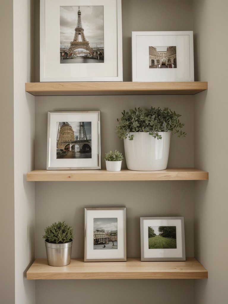 Maximize vertical space by using floating shelves or mounted wall units to display decorative objects and photo frames.