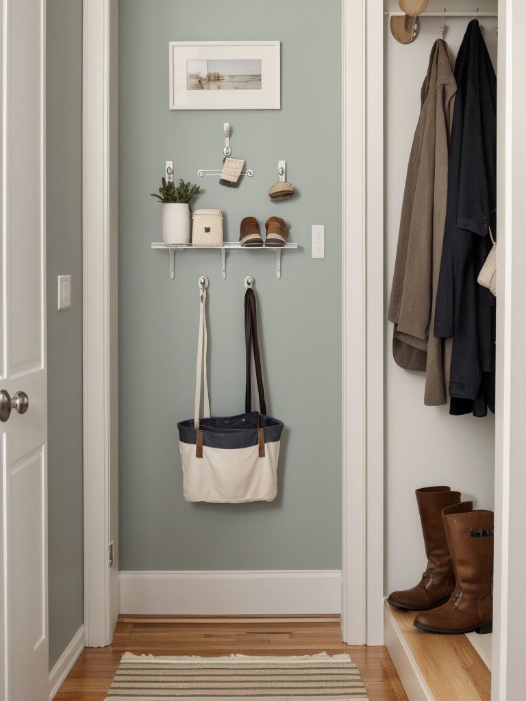 Use a combination of wall hooks and a hanging shoe rack to keep your shoes organized and off the floor, maximizing space in your entryway.