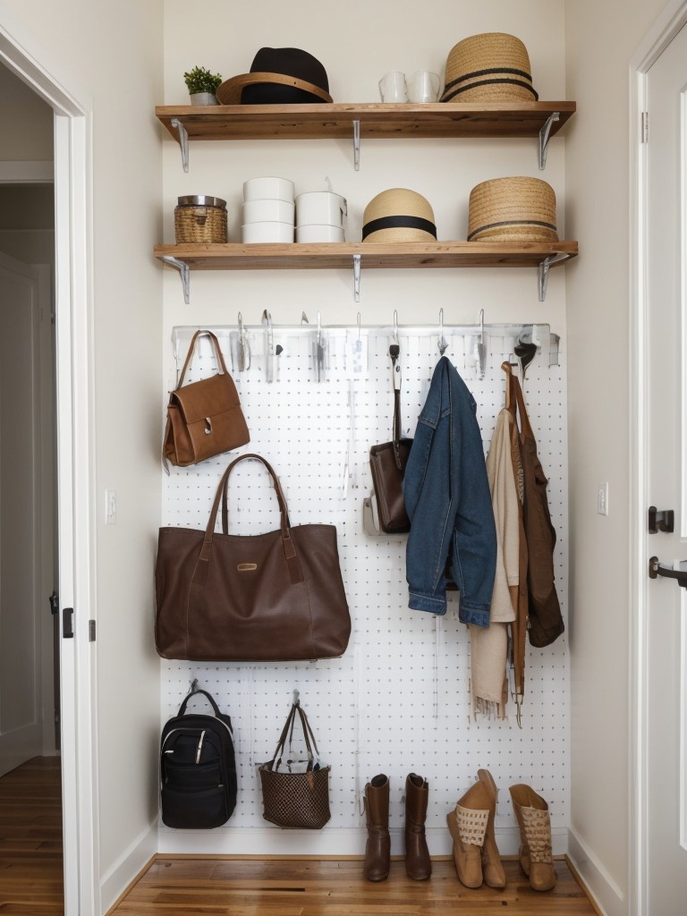 Utilize wall-mounted hooks or pegboards to hang hats, bags, and accessories, freeing up floor space and keeping your apartment organized.