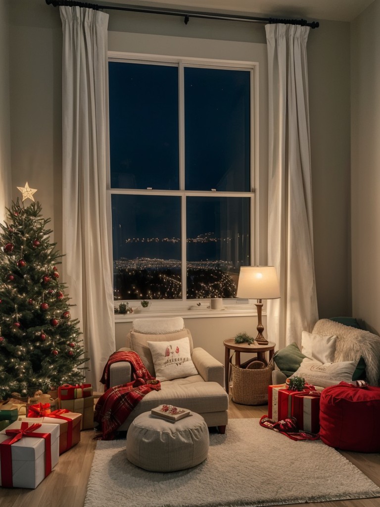 Create a cozy holiday corner by placing a small chair or bean bag near a window with a view of holiday lights.