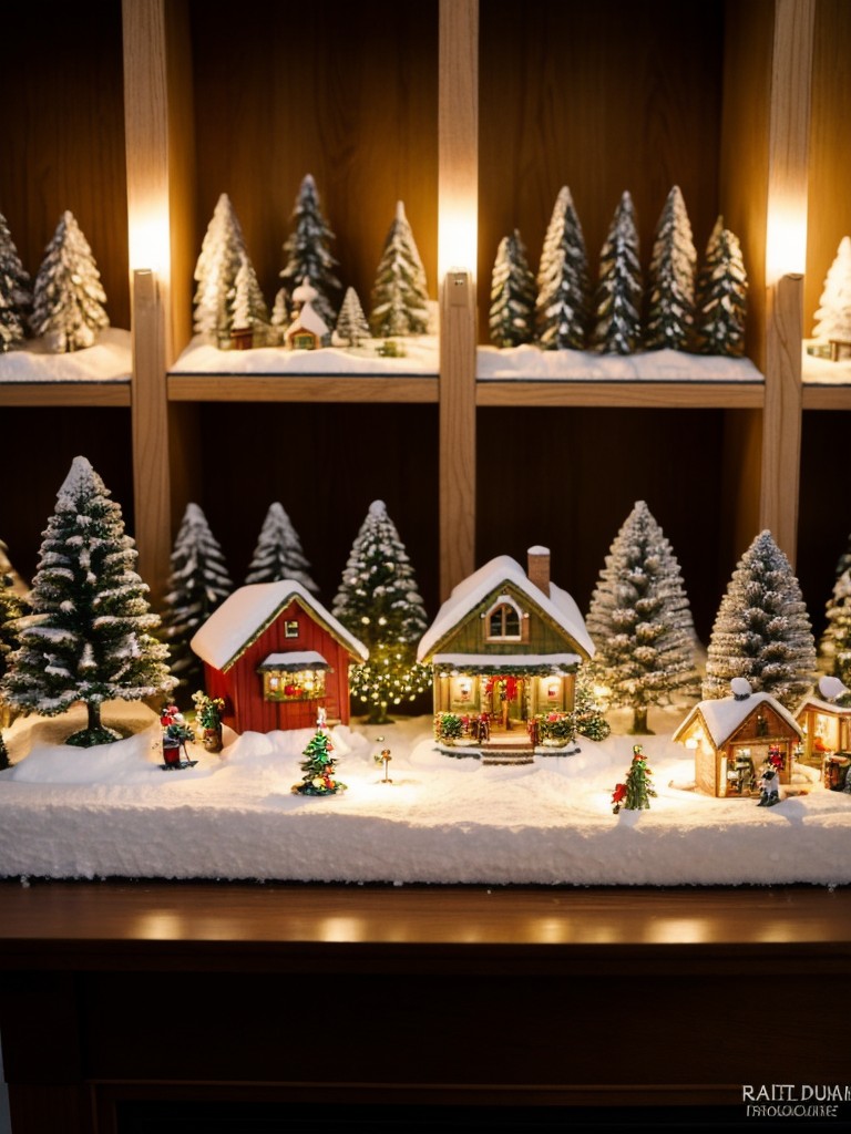 Create a DIY mini Christmas village on a bookshelf or mantle using small figurines, battery-operated lights, and fake snow.