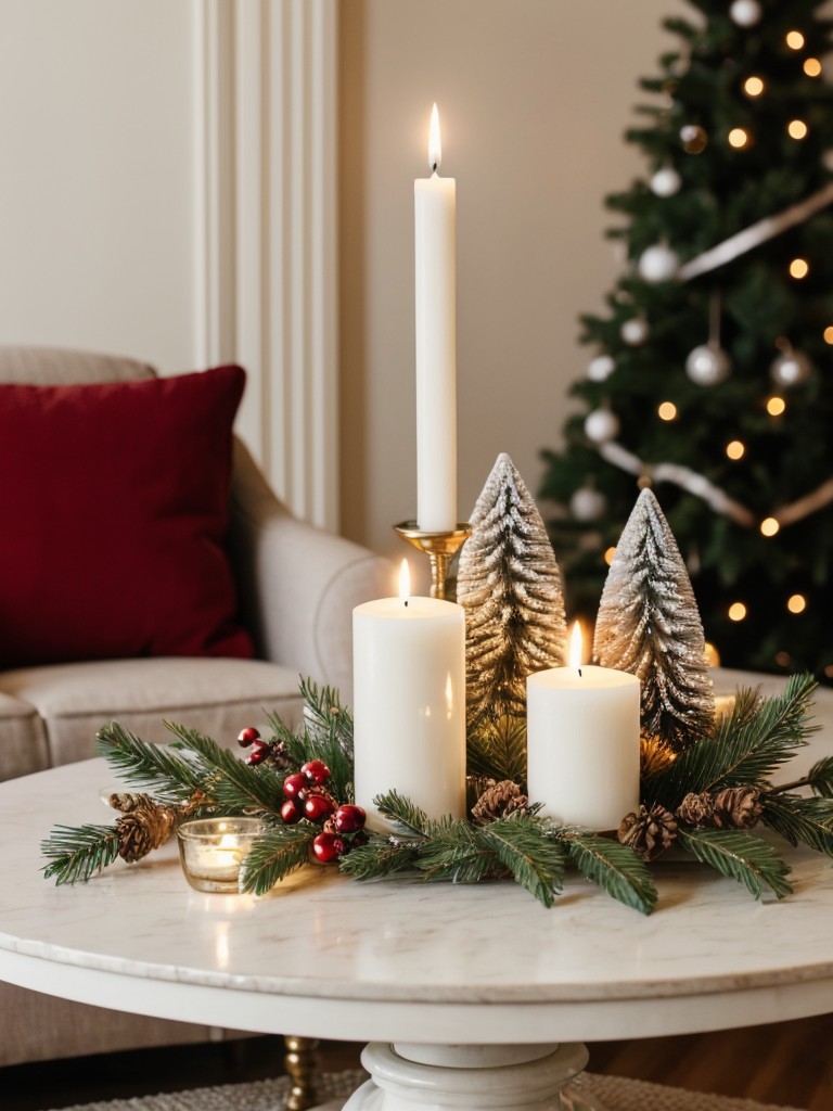 Create a stunning centerpiece by arranging a small collection of pillar candles and miniature holiday figurines on a coffee table or dining area.