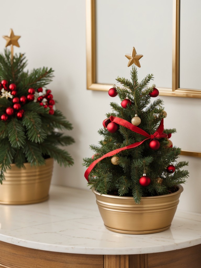 Decorate small, potted plants with miniature Christmas ornaments or ribbons to add holiday charm to every corner of the apartment.