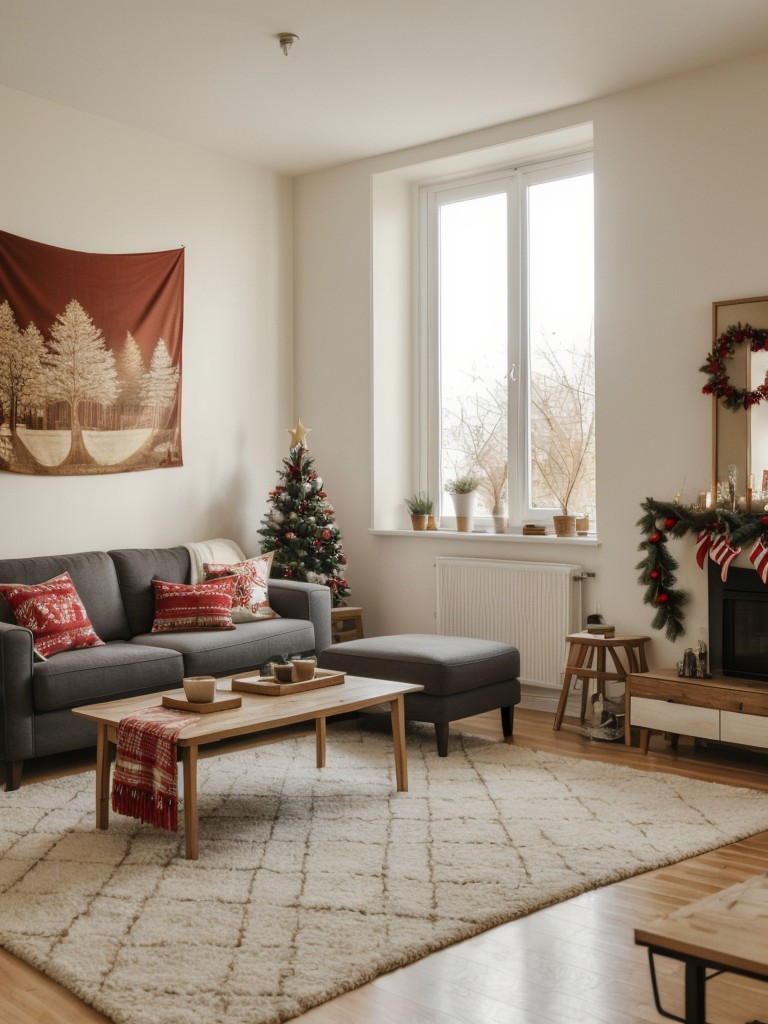 Hang a holiday-themed tapestry or wall art to instantly transform the atmosphere in a small apartment space.