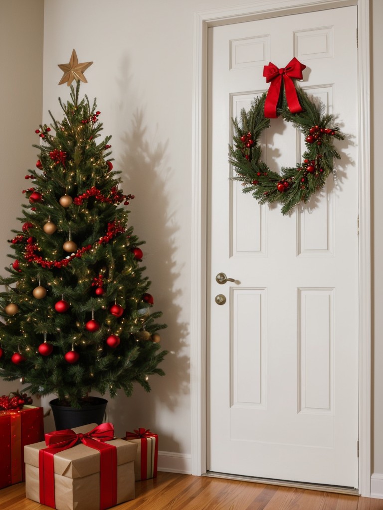 Utilize door wreaths and festive garlands to add holiday cheer to small apartment spaces.