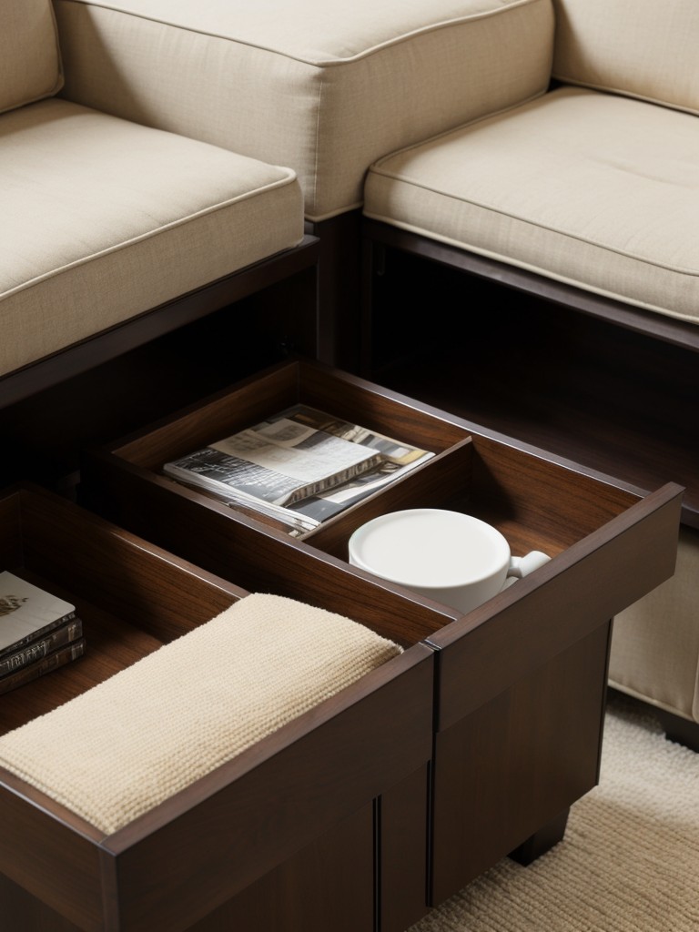 Choose furniture with built-in storage solutions, such as ottomans or coffee tables with hidden compartments to keep belongings out of sight.