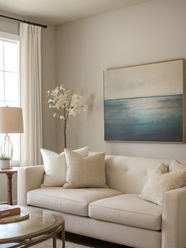 Incorporate a neutral color palette to create the illusion of a larger space, and add pops of color through decorative accents like throw pillows and artwork.