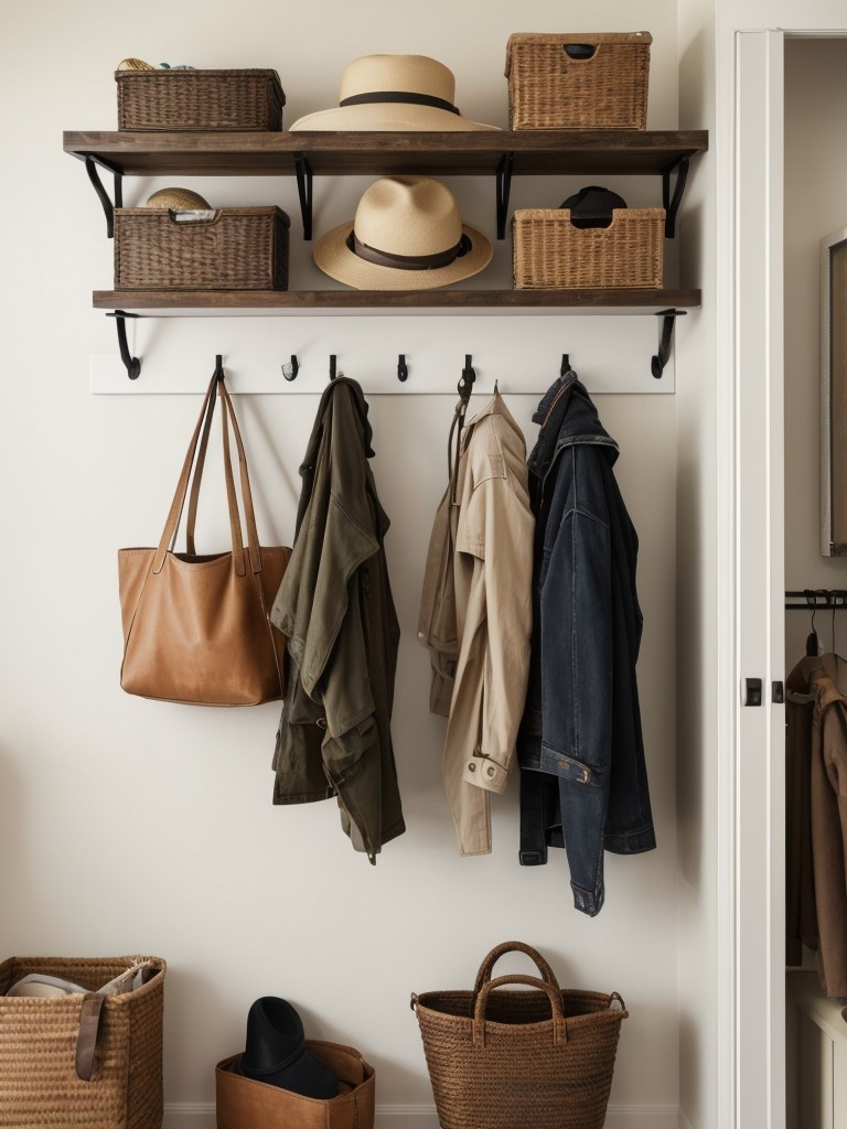 Use wall-mounted hooks or racks to hang coats, hats, and bags, keeping them easily accessible while minimizing clutter.