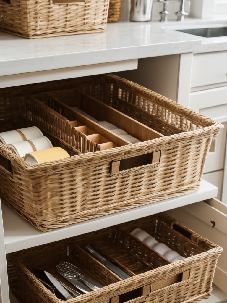 Clever organization with labeled containers, baskets, and drawer dividers.
