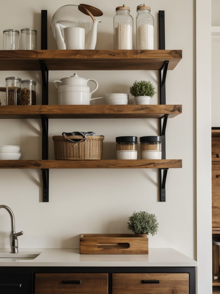 Creative use of vertical space with open shelves and storage racks.