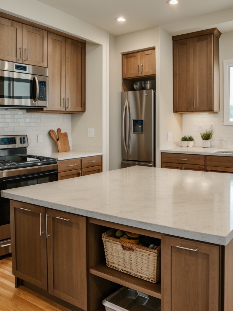 Utilizing a compact kitchen island for extra prep space and storage.
