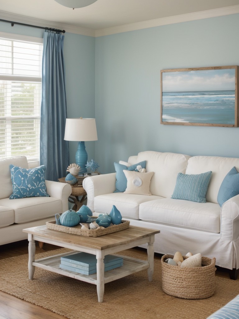Coastal-inspired color palette with shades of blue, sand, and white, incorporating natural elements like driftwood, seashells, and coral as decorative accents.