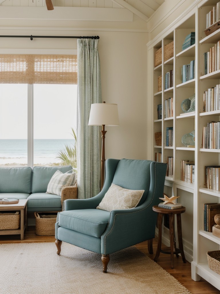 Create a cozy beach-inspired reading nook with a comfortable chair, a floor lamp for soft lighting, and shelves or built-in bookcases to display your collection of beach-themed books and treasures.