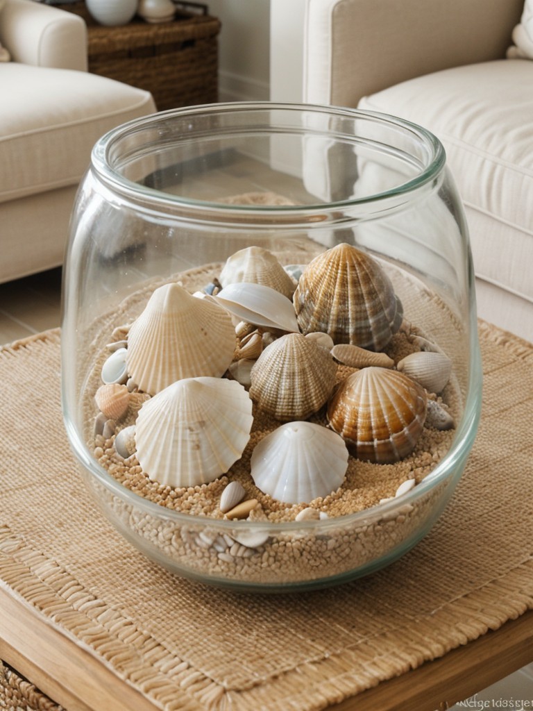 Create a seashell-inspired display by filling glass jars or bowls with collected shells, sand, and coral, and arranging them on a shelf or coffee table for a personalized coastal touch.