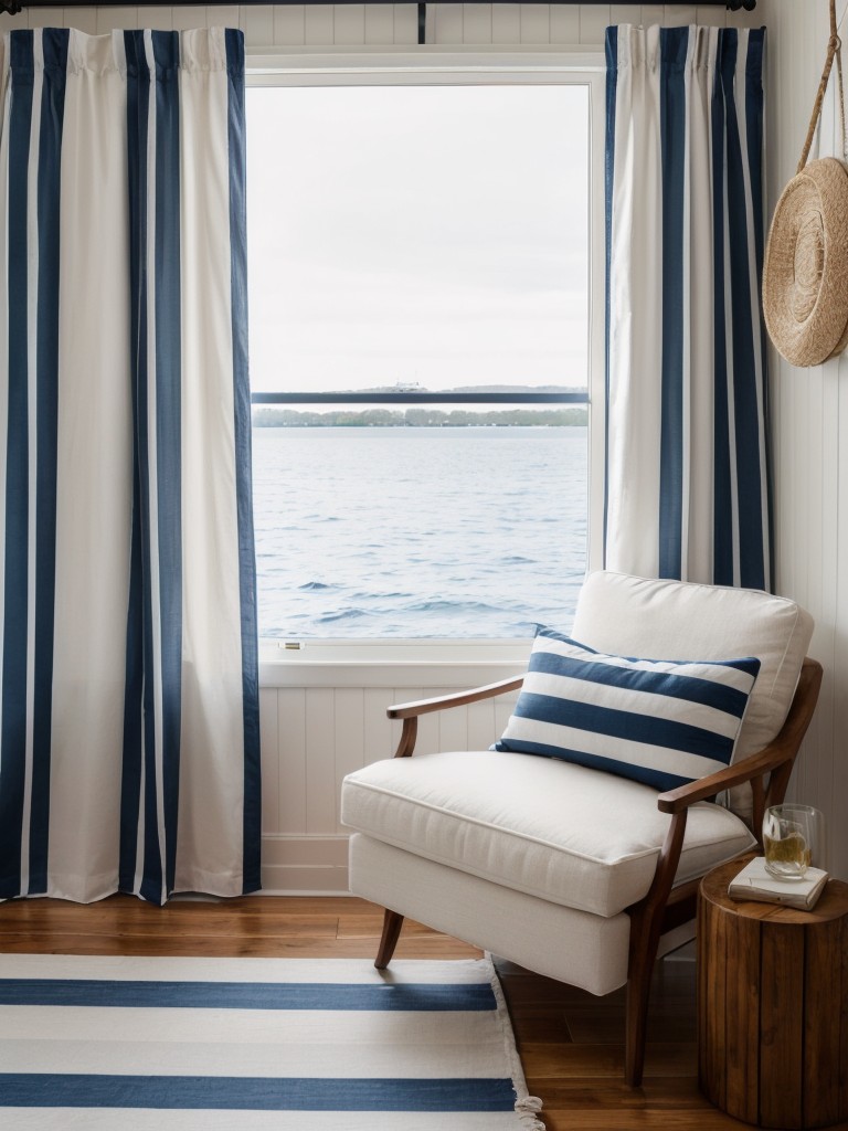Embrace the nautical theme by using striped patterns in textiles like curtains or throw pillows, incorporating a porthole-style mirror, and hanging artwork featuring sailboats or seascapes.