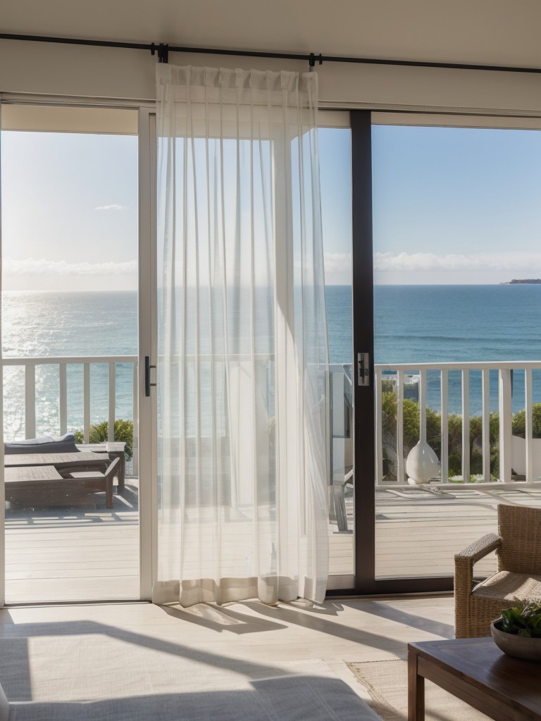 Hang lightweight, sheer curtains to allow the ocean breeze to flow through your apartment while still maintaining privacy and framing the view outside.