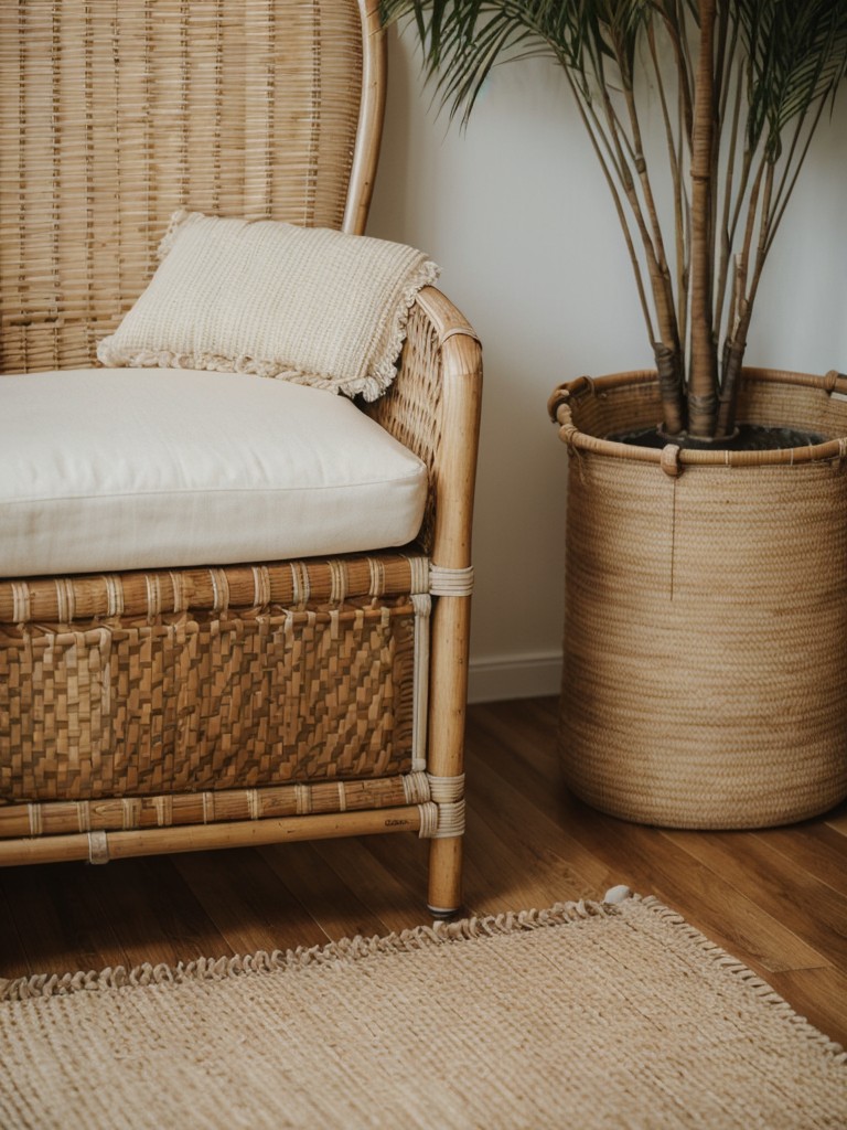 Introduce beachy textures through rattan or wicker furniture, woven baskets for storage, and a sisal or jute rug to add warmth and a natural feel to the space.