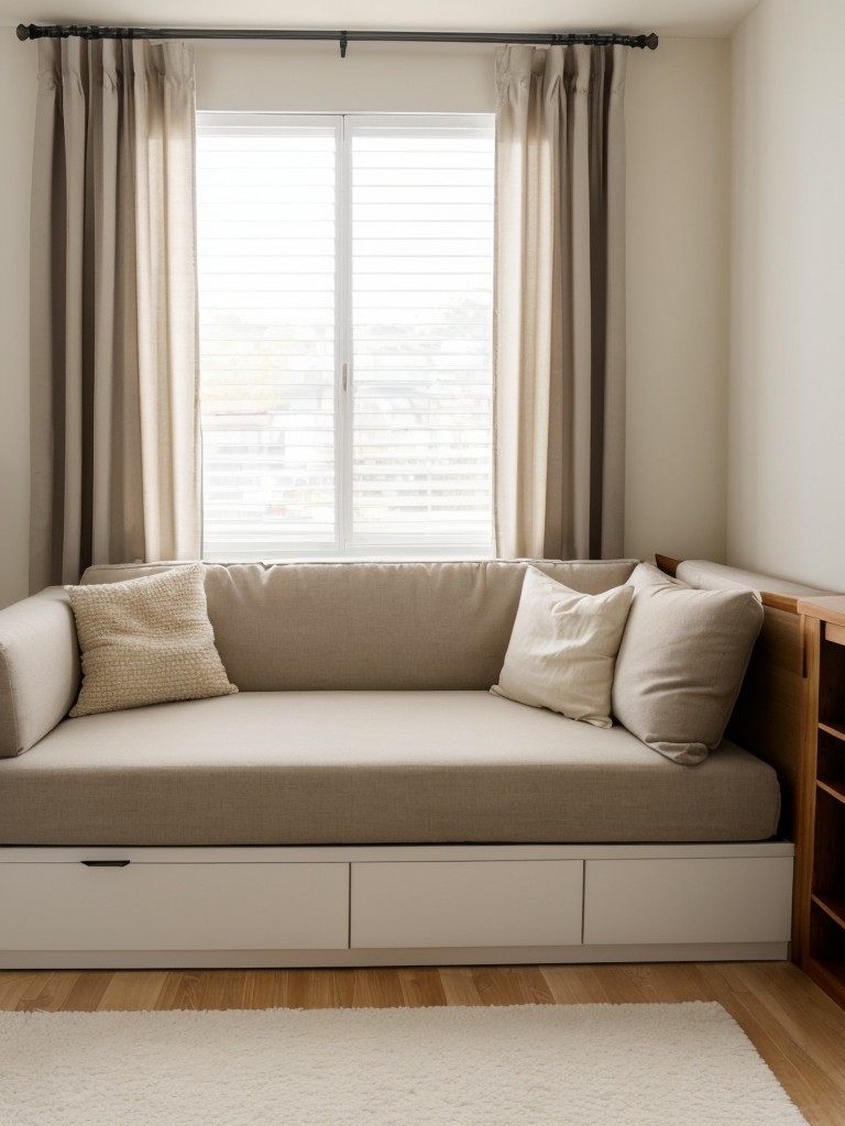 Maximizing space with multi-functional furniture such as a sofa bed or ottoman with hidden storage, and opting for light and airy curtains or blinds to let in natural light.