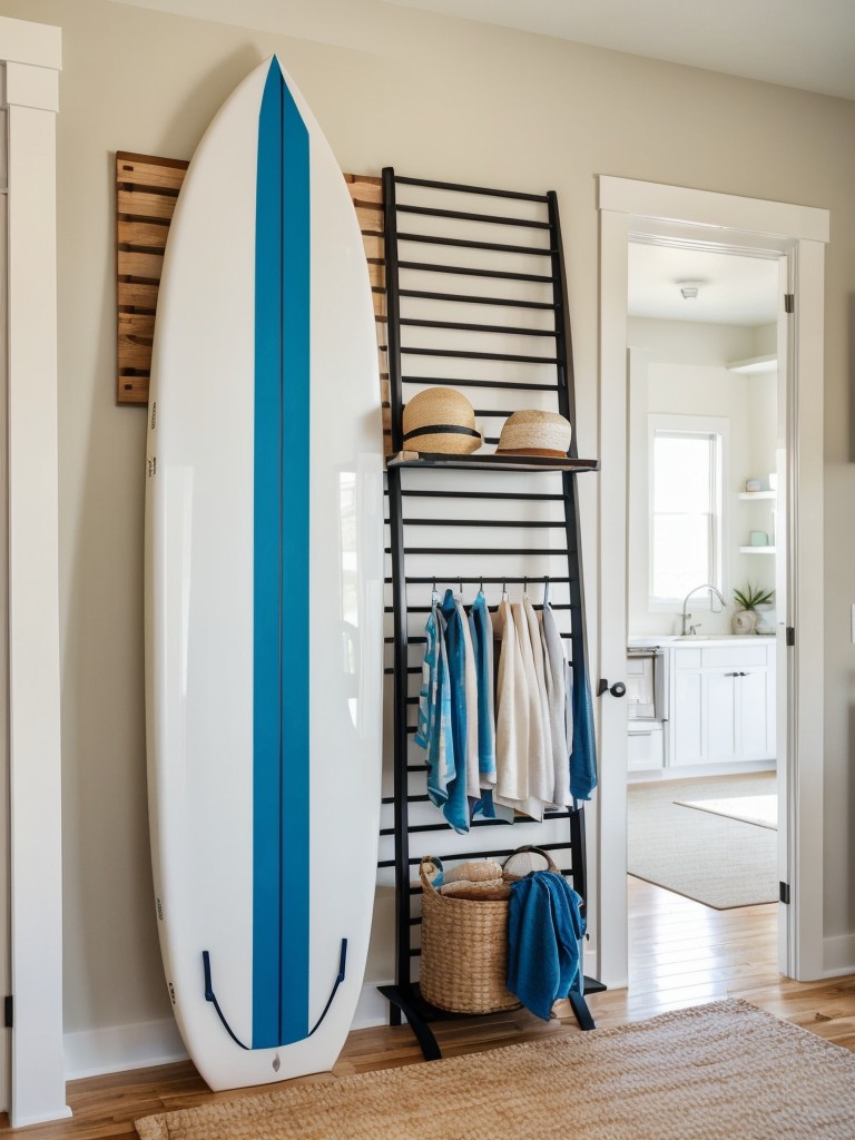 Utilize vertical space with a wall-mounted surfboard rack or hanging ladder shelf for storing beach accessories like towels, hats, and beach bags.