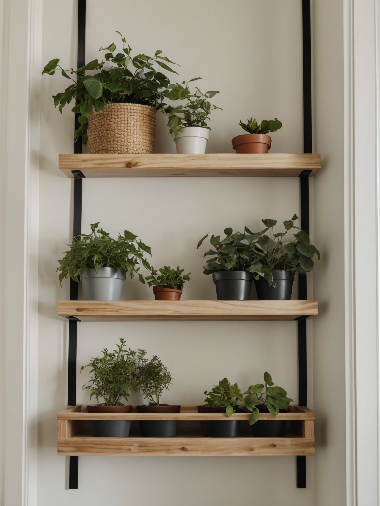 Experiment with different wall-mounted storage solutions, such as hanging plants or floating shelves, to add visual interest to a small bedroom.