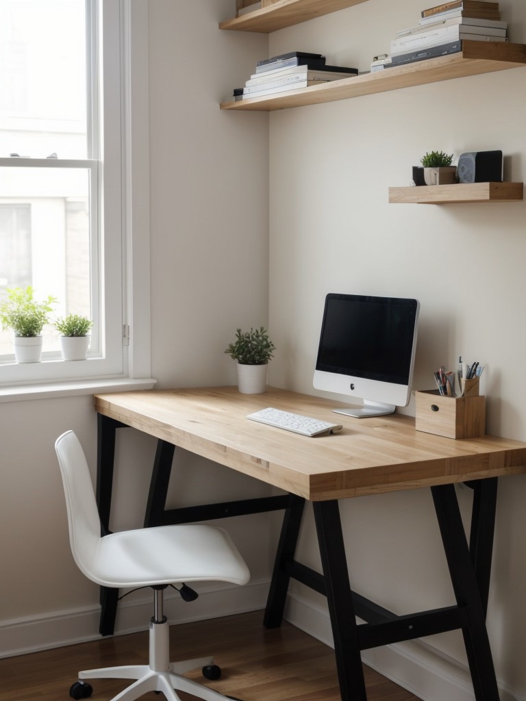 Incorporate a wall-mounted desk to save floor space and create a functional workspace in a small bedroom.