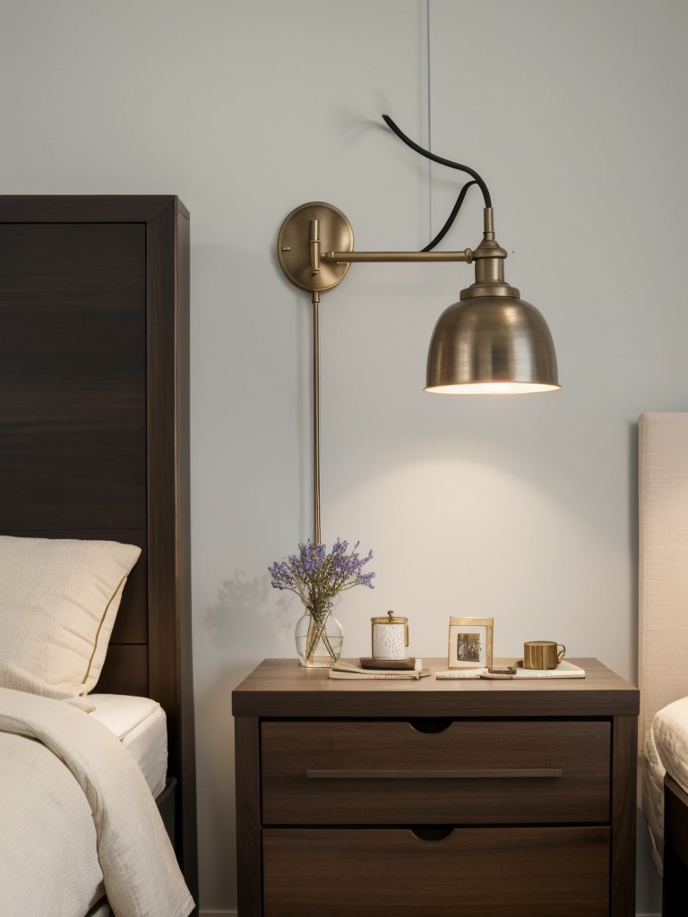 Install wall-mounted sconces or pendant lights to free up valuable bedside table space.