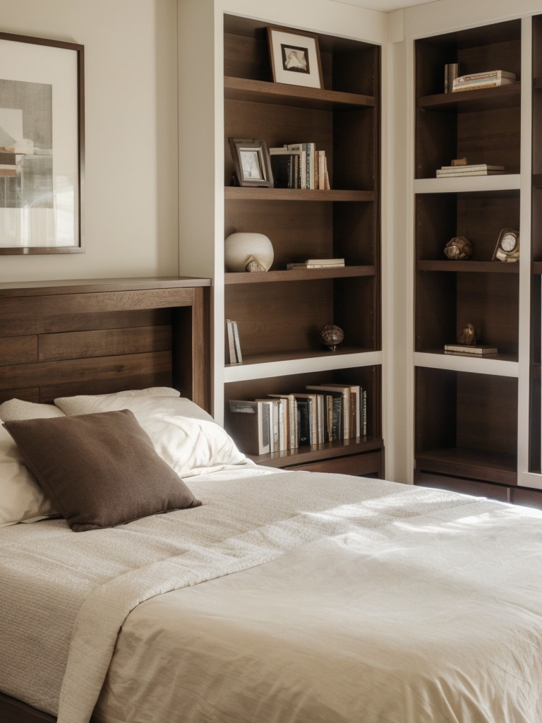 Invest in a bed with built-in bookshelves or incorporate a bookshelf headboard to save space on nightstands.