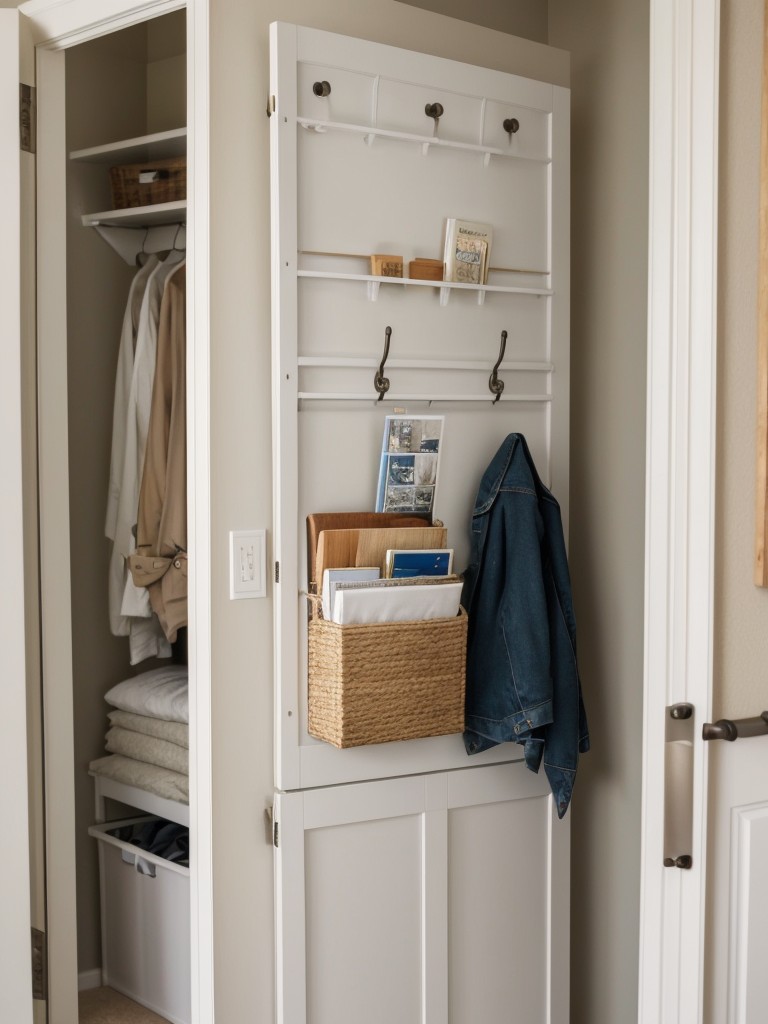 Make use of the back of your bedroom door by installing hooks or pocket organizers for additional storage.