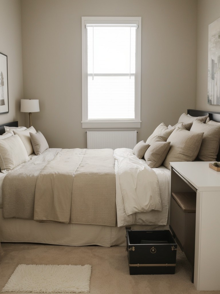 Use a neutral color palette and keep the clutter to a minimum to create a peaceful and serene atmosphere in a small bedroom.